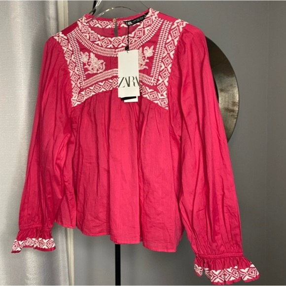 Zara Fuchsia Pink Blouse Top With White Embroidery Pink Size XS NEW - Picture 5 of 7